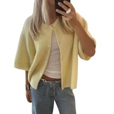 Women's Cropped Cardigan Short Sleeve Sweater Jumper Ladies Knitted Jacket Y2K Fashion Button Down Crochet Top Streetwear (Yellow, S)