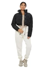 Womens Cropped Jacket Puffer Padded Ladies Long Sleeve Collared Zip Up Quilted Short Coat Casual Winter Outwear Black Womens Cropped Jacket Puffer Padded Ladies Long Sleeve Collared Zip Up Quilted Short Coat Casual Winter Outwear Black