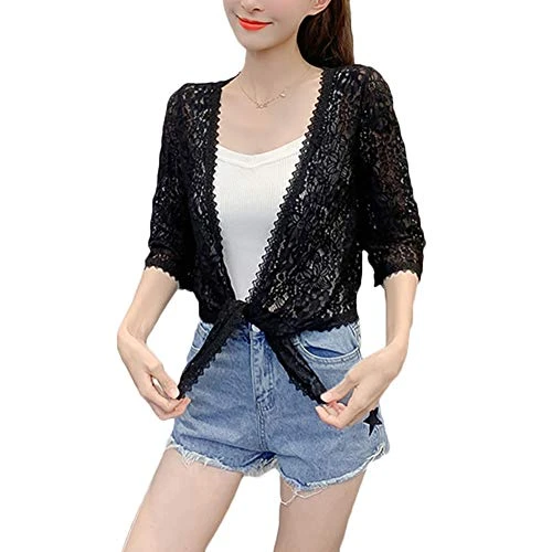 Womens Cropped Lace Bolero Shrug 3/4 Sleeve Summer Cover Up Black L