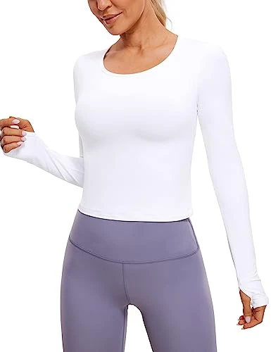 Women's Cropped Long Sleeve Athletic Workout Yoga Shirts Crop Top with Thumb Hole White 16