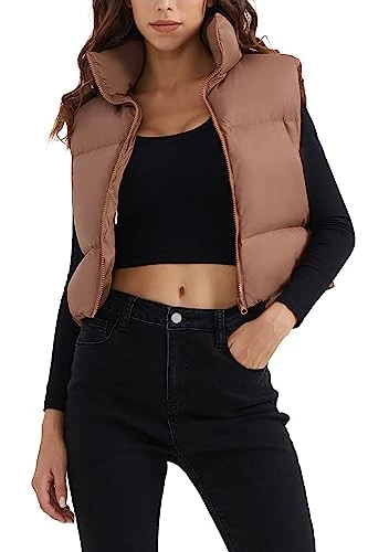 Women's Cropped Puffer Down Vest Zip-up Sleeveless Jacket for Winter Fall Spring Coffee M