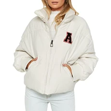 Womens Cropped Puffer Jacket Zip Up Stand Collar Lightweight Quilted Jacket Y2K Fashion Padded Jacket Short Puffer Coat Warm Winter Outerwear (B-White, L)