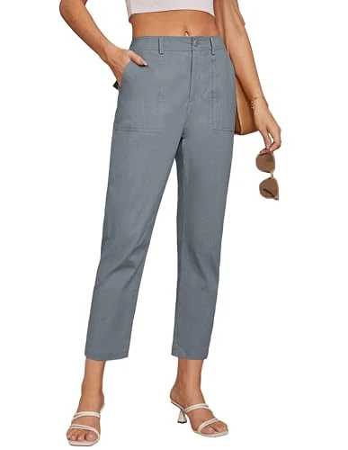 Women's Cropped Work Pants High Waisted Business Casual Tapered Leg Trousers with Pockets, Blue Grey