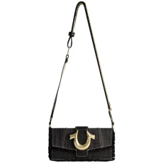 Women's Crossbody Bag, Mini Adjustable Shoulder Handbag Flap Purse with Logo Strap, Black