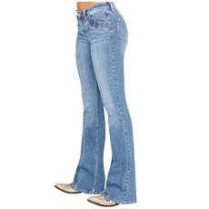 Womens Curvy Fit Washed Flare Bell Bottom Jeans Elasticated Mid Waist Wide Leg Palazzo Denim Joggers Classic Heavy Duty Durable Work Utility Jeans with Pokects