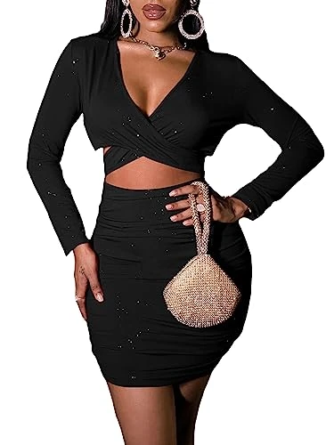 Women's Cut Out Deep V Neck Wrap Bodycon Mini Dress Long Sleeve Sexy Night Club Pencil Dresses Black S