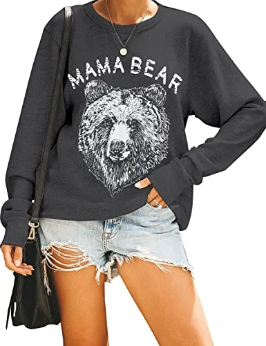 Women's Cute Long Sleeve Top Loose Mama Bear Crewneck Pullover Sweatshirt, Dark Grey, S