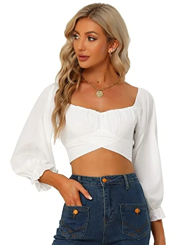 Women's Cute Off Shoulder 3/4 Sleeve Tie Knot Back Crop Tube Top Blouse White L