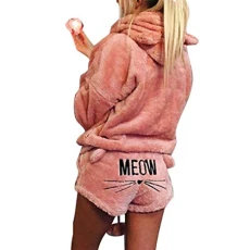 Womens Cute Pajamas Suit Autumn Winter Hooded Sleepwear Meow Long Sleeve Tops And Shorts 2Pcs Set Warm Coral Fleece Velvet Sleepwear Pink L