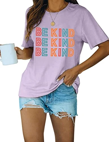 Women's Cute Short Sleeve Top Be Kind Letter Print Graphic Casual Basic T Shirts, Purple, XL