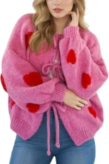 Women's Cute Strawberry Heart Bow Knot Y2k Cardigan Oversized Fuzzy Knit Sweater Fall Knitwear