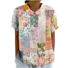 Womens Cute Summer Tops and Blouses Peter Pan Collar Puff Short Sleeve Shirts Vintage Floral Loose F