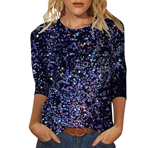 Women's Daily Floral and Sequin Print O-Neck Tops Three-Quarter Sleeve Crew Neck T-Shirt Printed Loose Side Slit Blouse Tunic Top, 24-0315c-o, S