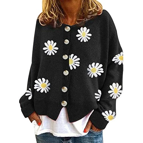 Women's Daisy Cardigan Soft Comfy Round Neck Single-Breasted Sweater Long Sleeve Sweet Tops Black