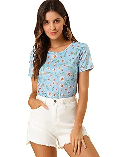 Women's Daisy Floral Print Top Summer Crew Neck Short Sleeve Blouse Shirt - blue - Medium