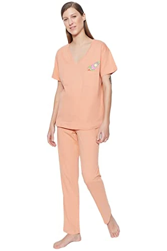 Women's Damen gedruckt Kurzarm Lounge/Zuhause Entspannt Pyjama-Set Pajama, Somon, XS