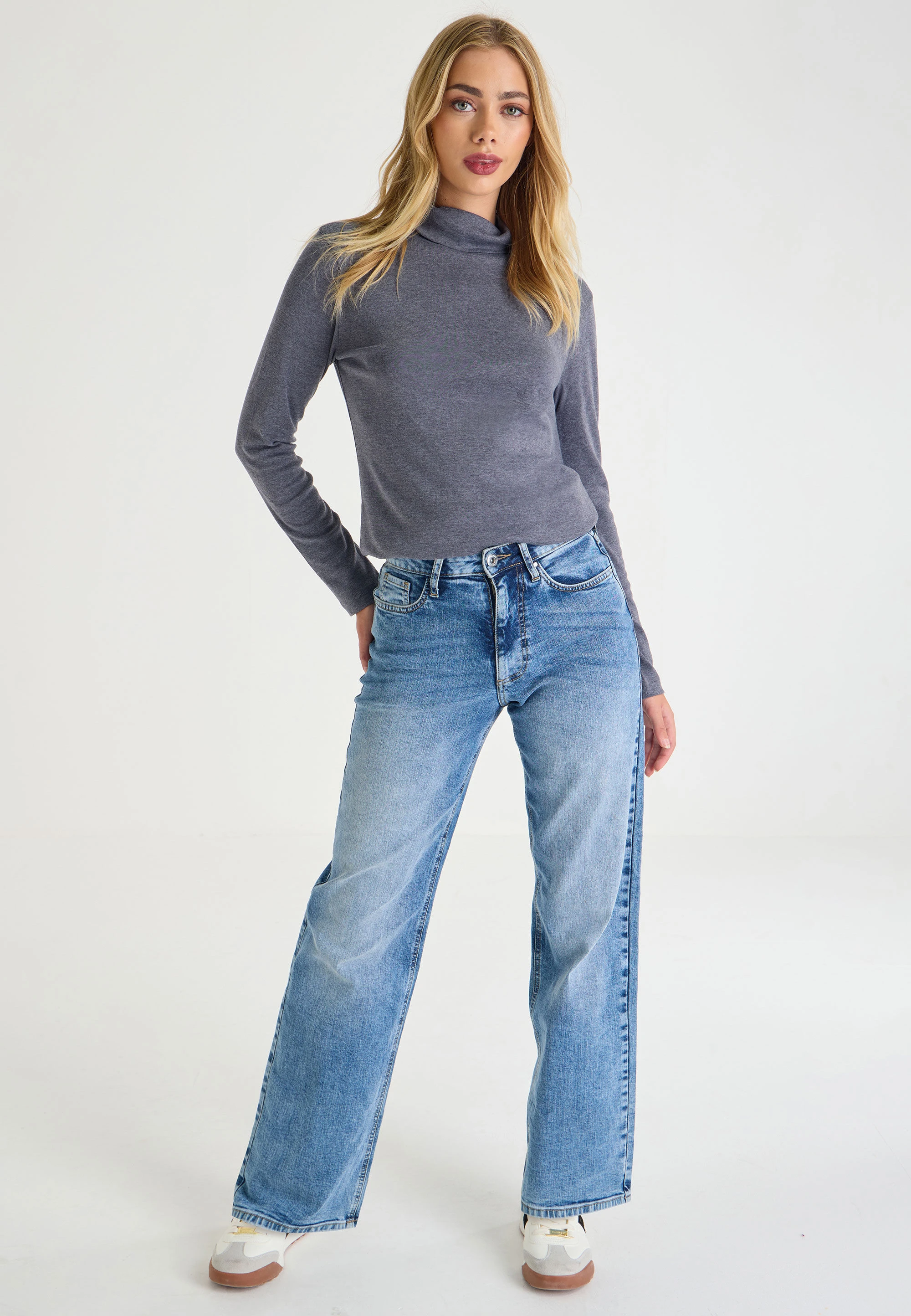 Womens Dark Grey Plain Long Sleeve Roll Neck Top