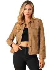 Women's Day Turn-Down Collar Flap Pockets Snap Button Faux Suede Jacket Brown L