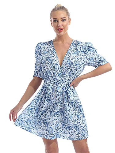 Women's Deep V Neck Short Sleeve Floral Skirt Beach Mini Dress A-line Wrap Dress Sundress Blue S