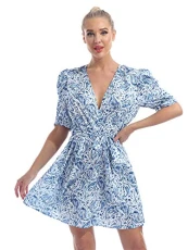 Women's Deep V Neck Short Sleeve Floral Skirt Beach Mini Dress A-line Wrap Dress Sundress Blue S