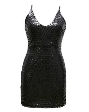 Womens Deep V Neck Sleeveless Dress Cocktail Evening Holiday Sequins Pencil Dress Black L