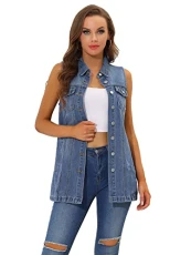 Women's Demin Gilet Button Down Sleeveless Mid-Long Jean Vest Waistcoat Jacket Blue S