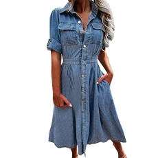 Women's Denim Dress Short Sleeve Shirt Dresses for Women UK Button Spring Dress with Pocket Knee Length Denim Dresses Jean Dress Summer Washed Blue Daily Dress Swing Dress A Line Dress