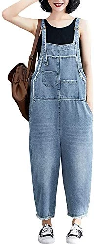 Women's Denim Dungarees Raw Hem Wide Leg Loose Denim Jean Overalls (UK 12, Blue)