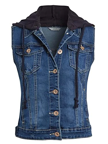 Womens Denim Gilet Stretch Dark Blue Waistcoat with detachable hood