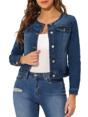 Women's Denim Jacket Button Down Collarless Long Sleeve Jean Jackets Dark Blue L