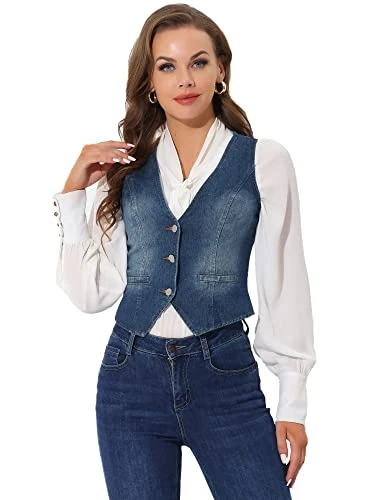 Women's Denim Jakcet Sleeveless V Neck Button Down Casual Jean Waistcoat Vest, Dark Blue, S