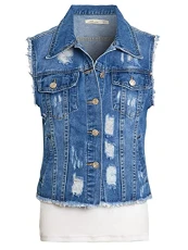 Womens Denim Sleeveless Waistcoat Jacket with Distressed Rips