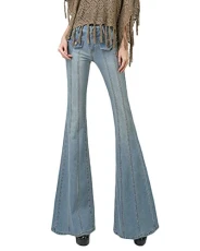 Women's Denim Trousers Leisure Slim Fit High Waist Long Jeans Wide Leg Flare Pants Light Blue XL