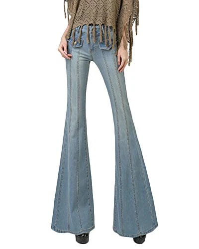 Women's Denim Trousers Leisure Slim Fit High Waist Long Jeans Wide Leg Flare Pants Light Blue XL