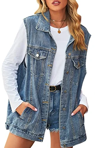 Women's Denim Vest Retro Jacket Shacket with Removable Hood Sleeveless Loose Casual Vest Outwear Str