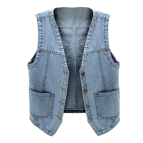 Womens Denim Waistcoat Sleeveless Denim Vest V Neck Button Down Waistcoat Jacket Sleeveless Denim Ja