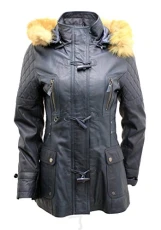 Women’s Detachable Hood Quilted Navy Blue Leather Parka Jacket 18