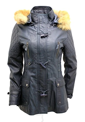 Women’s Detachable Hood Quilted Navy Blue Leather Parka Jacket 20