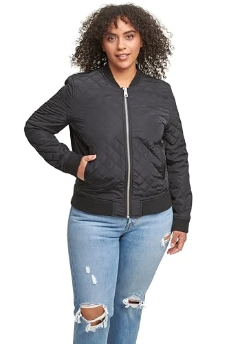 Women's Diamond Quilted Bomber Jacket with Front Pockets-Regular & Plus Sizes, Black, S