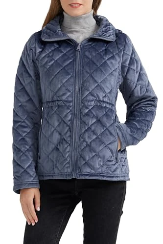 Women's Diamond Quilted Jacket Winter Stand Collar Coat with Detachable Hood Blue XL