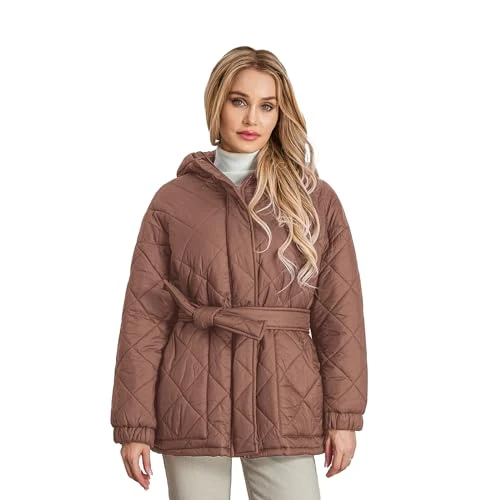 Womens Diamond Quilted Jacket with Hood Lightweight Ladies Zip Up Belted Padded Jacket Short Winter Coats Outerwear with Pockets (Reddish Brown, S)