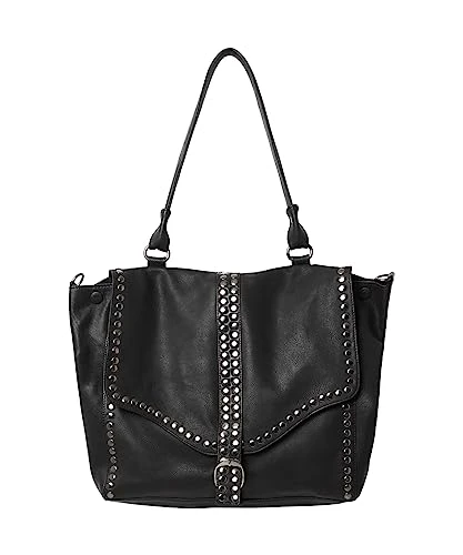 Women's Distressed Leather Studded Bag, Black, One Size
