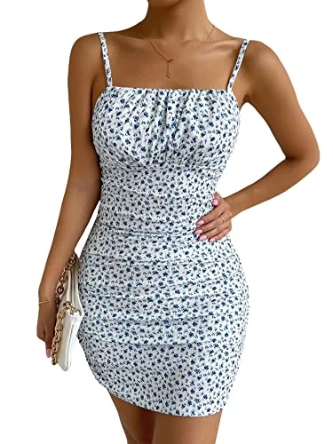 Women's Ditsy Floral Ruched Bodycon Mini Dress Sleeveless Summer Cami Short Dresses Blue and White M