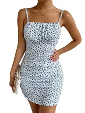 Women's Ditsy Floral Ruched Bodycon Mini Dress Sleeveless Summer Cami Short Dresses Blue and White M Women's Ditsy Floral Ruched Bodycon Mini Dress Sleeveless Summer Cami Short Dresses Blue and White M