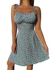 Women's Ditsy Floral Ruched Bust Cami Short Dress Tie Shoulder A Line Summer Mini Dresses Blue L Women's Ditsy Floral Ruched Bust Cami Short Dress Tie Shoulder A Line Summer Mini Dresses Blue L