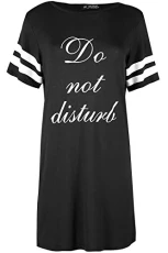 Womens Do Not Disturb Short Sleeve Stripes Baggy Nightwear PJ T-Shirt Dress Black Plus Size (UK 16/18)