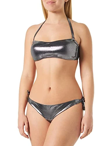 Women's Dot Foil Lycra Band and Bow Brazilian Bikini Set, Black, M