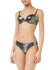 Women's Dot Foil Lycra Sculpture Bra and Brief Bikini Set, Black, S