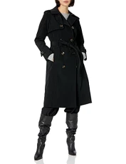 Women's Double-Breasted 3/4 Length Belted Trench Coat Trenchcoat, Black, M