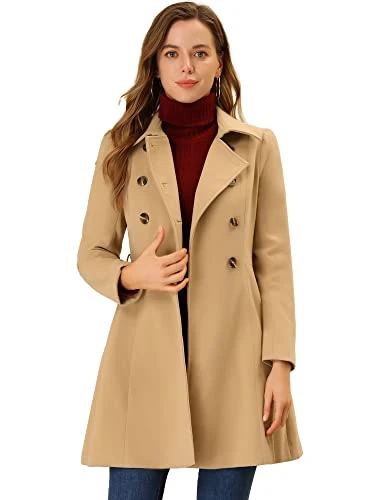 Women's Double Breasted Coats Elegant Overcoat Turn Down Collar Long Coat with Belt Khaki 12